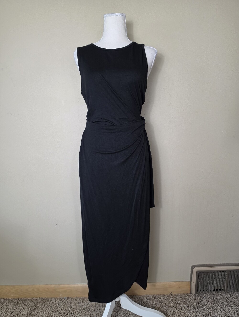 Calvin Klein Black Ruched Maxi Dress | Sleeveless Draped Waist Cocktail Dress